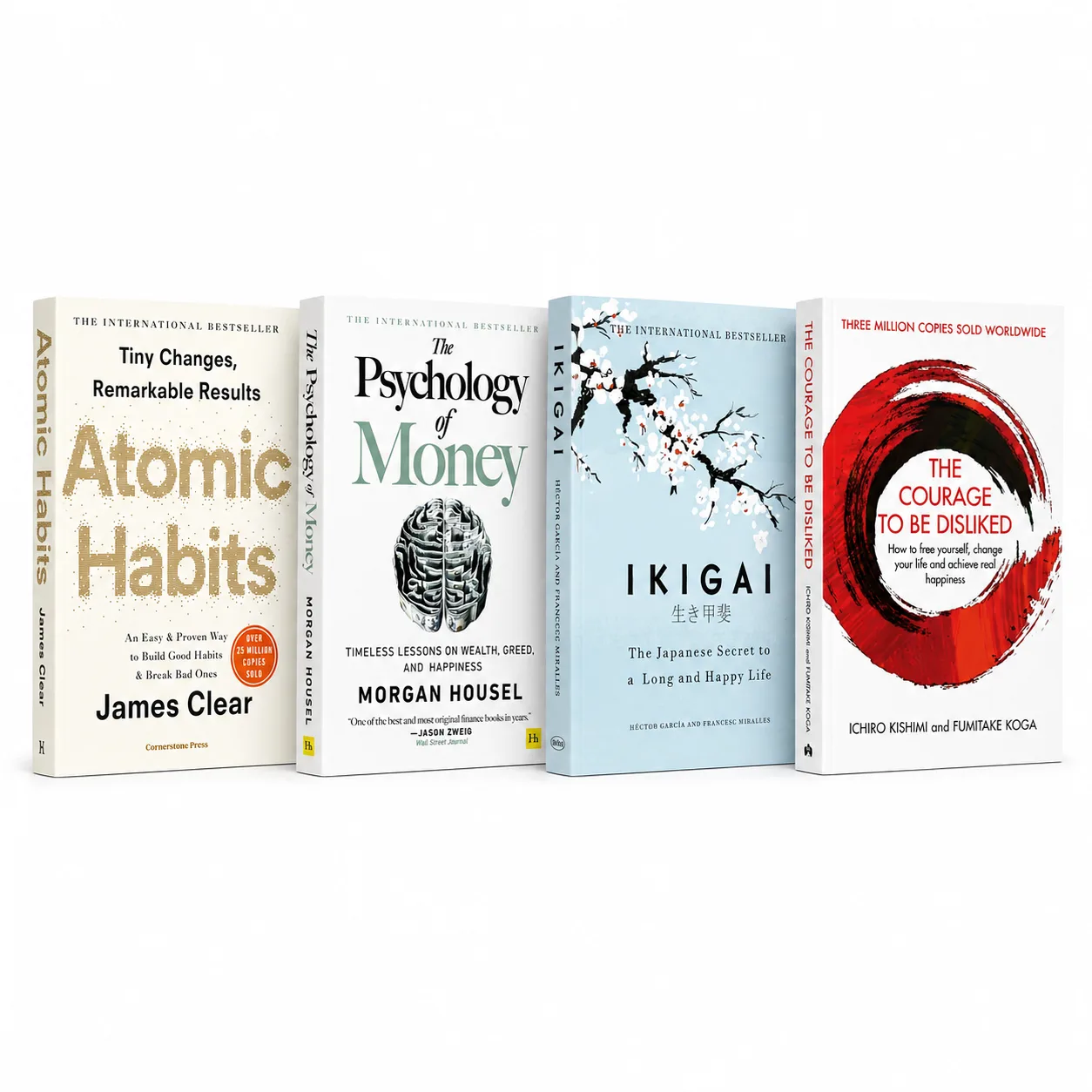 Atomic Habits + Psychology of Money + Ikigai + The Courage to Be Disliked | Set cover